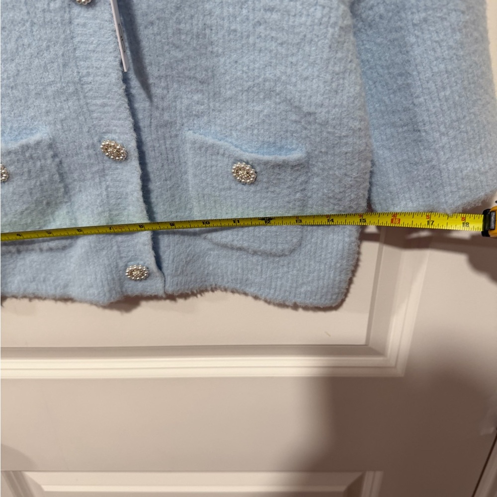 House of Harlow 1960 Blue Cropped Cardigan Short Sleeve Pearl Rhinestone Button - Picture 12 of 13